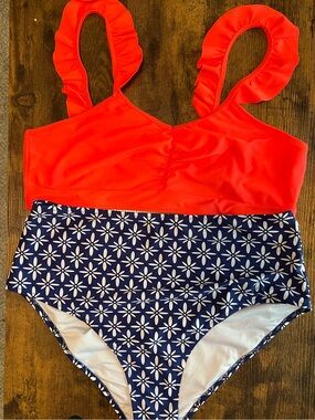 Cupshe Two Piece High Waisted Orange and Blue & white patterned Swimsuit | XXL